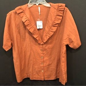 Free People Peach Colored Ruffled Neckline Top Size XS NWT